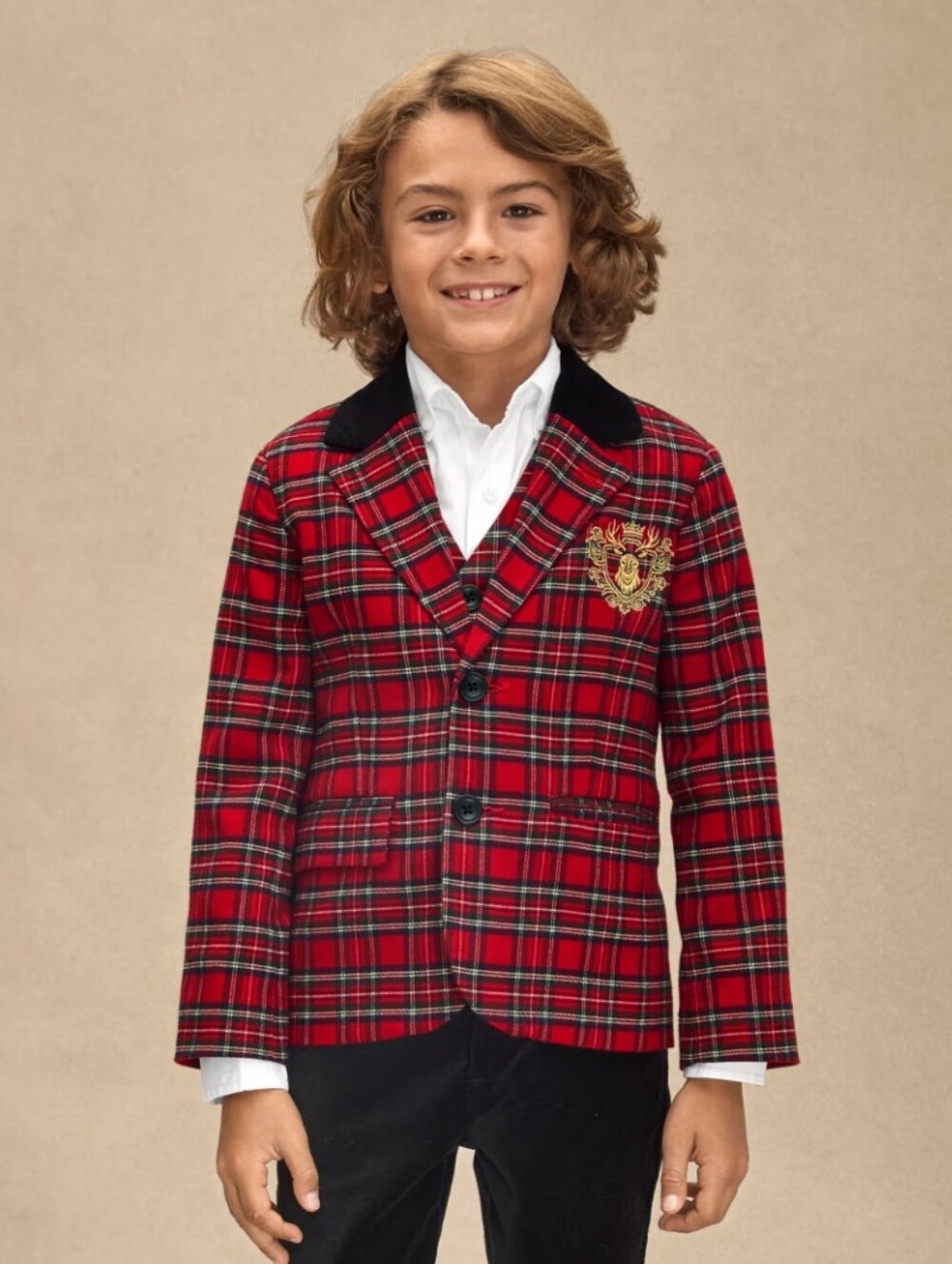 Gymboree Boys Red Plaid Kids Blazer Jacket with Crest Size 8